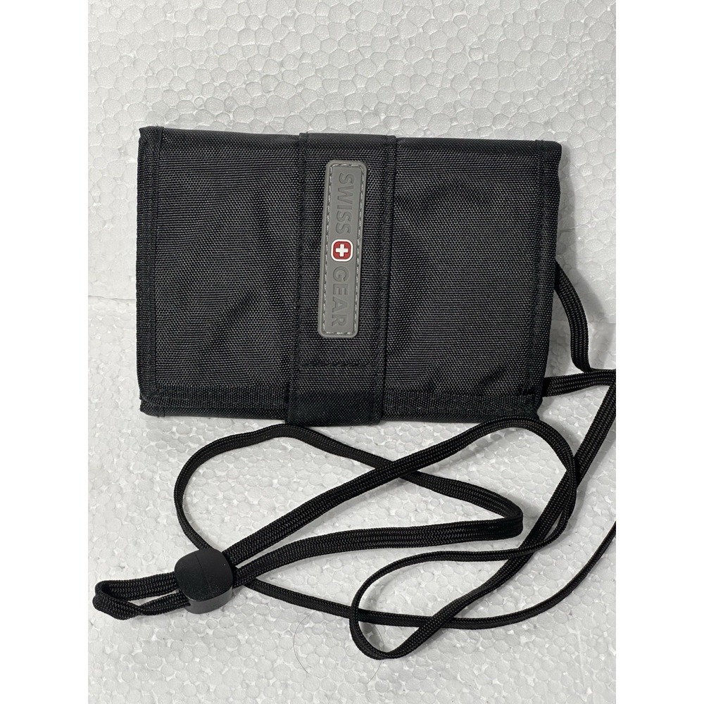 Swiss Gear nylon Black Soft Trifold Wallet W/Strap Passport Case